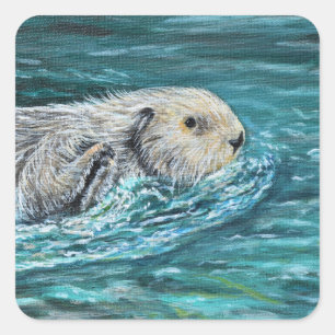 Adesivo Quadrado Pintura da lontra de mar do hora do almoço do