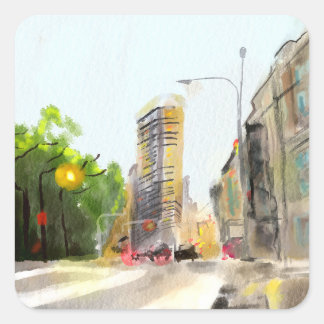 Adesivo Quadrado Pintura de aquarela Cityscape