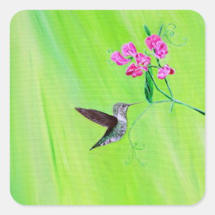 Adesivo Quadrado Pintura de Beija-flor e Ervilhas-de-cheiro