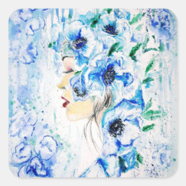 Adesivo Quadrado Pintura de Fantasia Blue Floral Woman