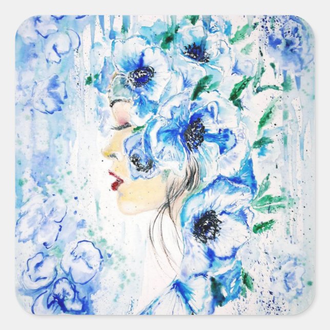 Adesivo Quadrado Pintura de Fantasia Blue Floral Woman (Frente)