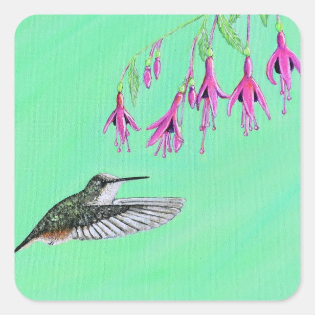 Adesivo Quadrado Pintura de Hummingbird e Fuchsia (Frente)