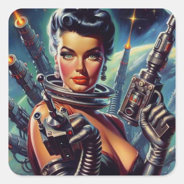 Adesivo Quadrado Pintura de Mulher do Sci-Fi Retro (Frente)