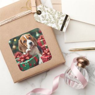Adesivo Quadrado Pintura de Natal do Beagle Envolvendo Presentes