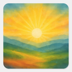 Adesivo Quadrado Pintura de paisagem ao nascer do sol em aquarela