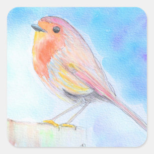 Adesivo Quadrado Pintura de Pequena Robin Watercolor