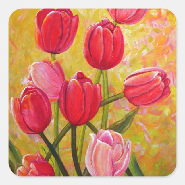 Adesivo Quadrado Pintura de Tulipas Rosa e Vermelha (Frente)