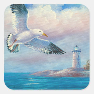 Adesivo Quadrado Pintura de uma gaivota que voa perto de um farol