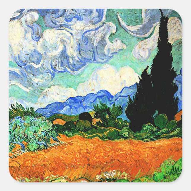 Adesivo Quadrado Pintura de Van Gogh, Wheatfield com Cypress Tree (Frente)