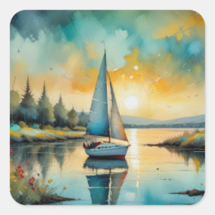 Adesivo Quadrado pintura de veleiro ao pôr do sol