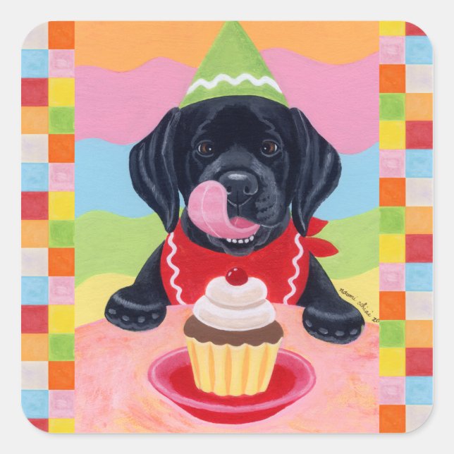 Adesivo Quadrado Pintura do Cupcake de Aniversário do Black Lab Pup (Frente)