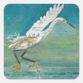 Adesivo Quadrado Pintura do Lago Egret Coastal Bird Ocean