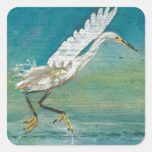 Adesivo Quadrado Pintura do Lago Egret Coastal Bird Ocean