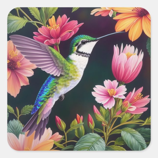 Adesivo Quadrado Pintura Floral Colorida do Hummingbird (Frente)