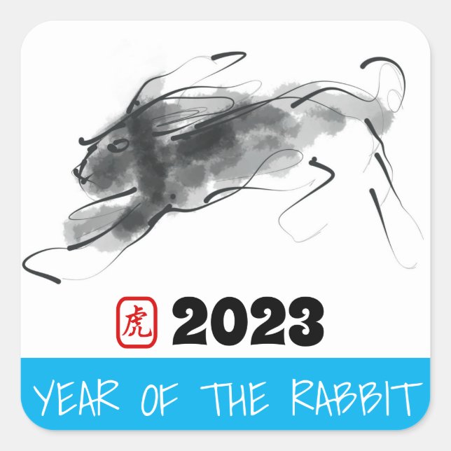 Adesivo Quadrado Pintura Original Aniversário do Coelho Chinês SqC (Frente)