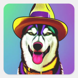 Adesivo Quadrado Pintura pop de um cão Rouco Vestindo um chapéu