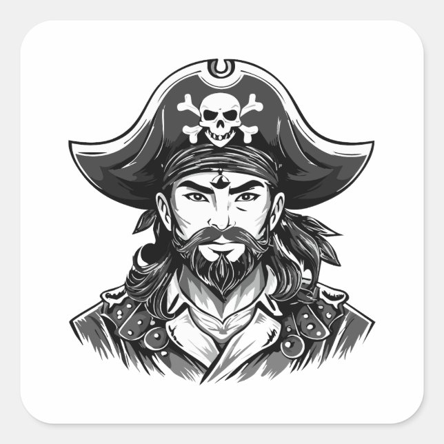 Adesivo Quadrado Pirate head with hat sailor and Eye Patch and Bear (Frente)