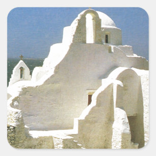 Adesivo Quadrado Piscina do vintage, Myconos, igreja ortodoxa grega