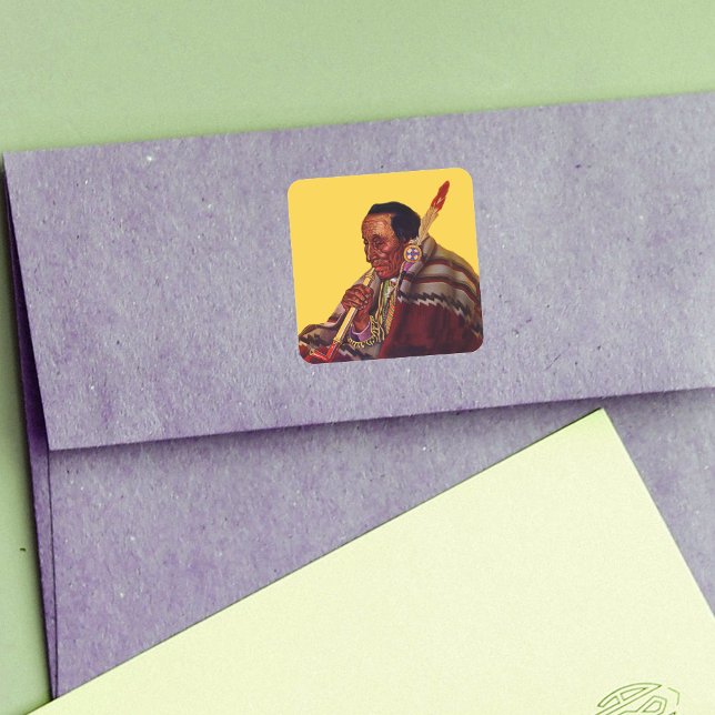 Adesivo Quadrado Pista de Paz de Pena Masculina Nativa Americana Ma (Native American in traditional clothing with peace pipe on bright yellow stickers.)