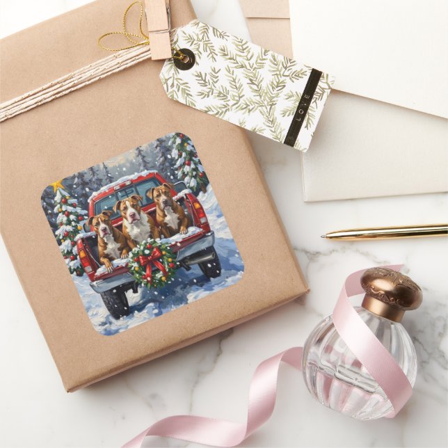 Adesivo Quadrado Pitbull Christmas Red Truck Holiday (Presentear)