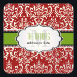 Adesivo Quadrado PixDezines Red White Rossi Damask/Natal<br><div class="desc">Damasco de rossi PixDezines em trims cor de pérola e cor de rosa e fundo vermelho para etiquetas de endereço de natal. Todos os elementos são personalizáveis. Copyright © 2011 PixDezines.com™ e PixDezines™ em zazzle.com</div>