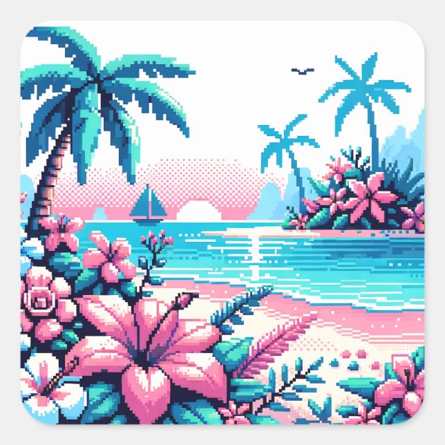 Adesivo Quadrado Pixel Art Ocean Pink and Blue Tropical Art (Frente)