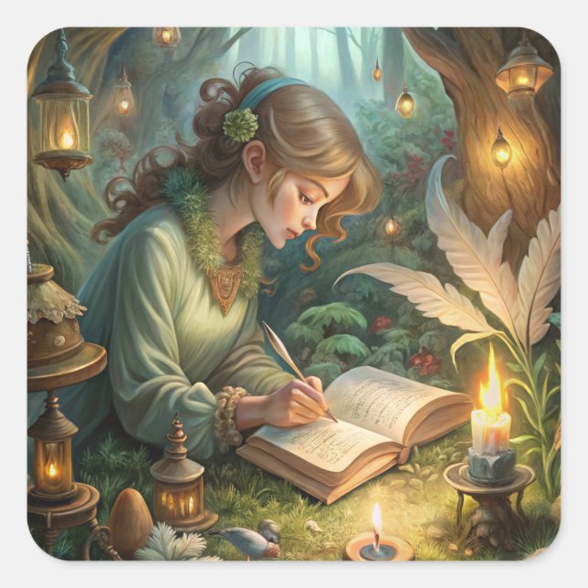Adesivo Quadrado Pixie Girl Writing (Frente)
