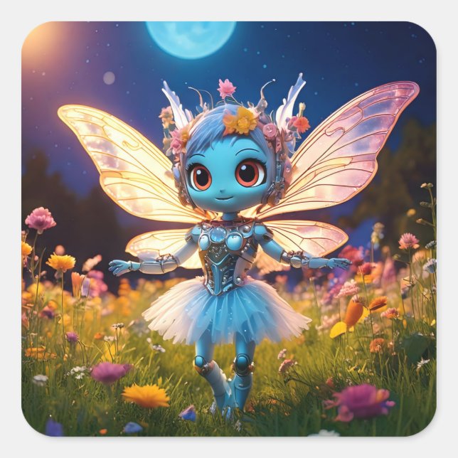Adesivo Quadrado Pixie Robot Ballerina Dança nas Flores Selvagens (Frente)