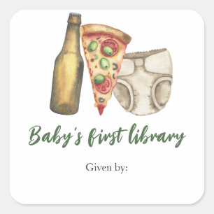 Adesivo Quadrado Pizza, Cervejas e Fraldas - a primeira biblioteca