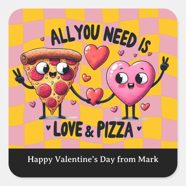 Adesivo Quadrado Pizza Love Valentines Day School Favor (Frente)