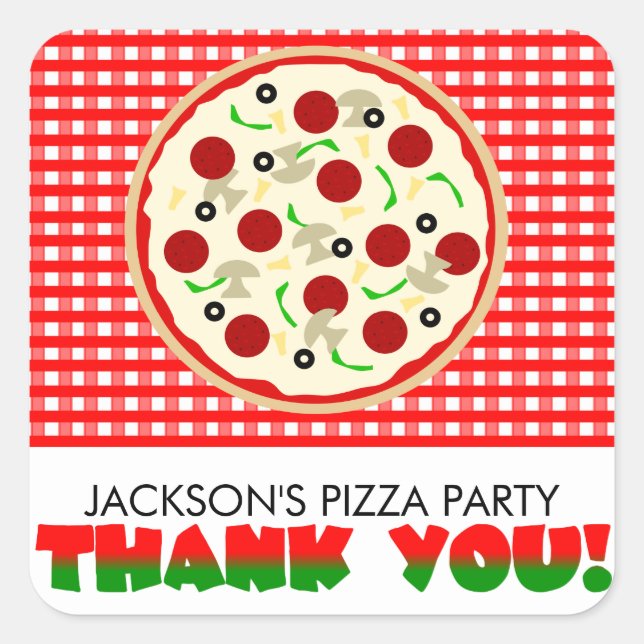 Adesivo Quadrado Pizza Party Obrigado Favor Stickers (Frente)