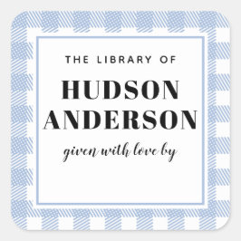 Adesivo Quadrado Placa de Livro de Bebê Xadrez Gingham Azul Pálido