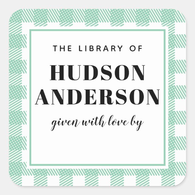 Adesivo Quadrado Placa de Livro de Bebê Xadrez Gingham Green (Frente)