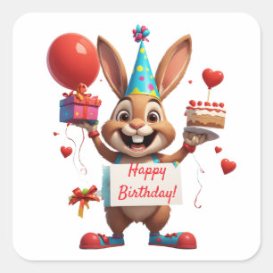 Adesivo Quadrado Placa de Mensagem de Aniversário de Coelho Fofo 🐇