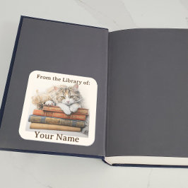 Adesivo Quadrado Placa reserva com Relaxamento de Gato em Livros