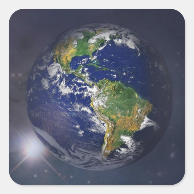 Adesivo Quadrado Planeta Terra ascensão acima do Sol no espaço (Frente)