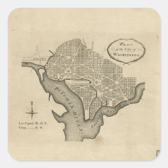 Adesivo Quadrado Plano da Cidade de Washington D.C. (1794) (Frente)