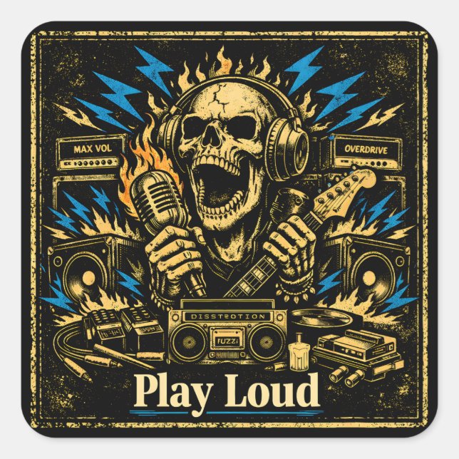 Adesivo Quadrado Play Loud – Volume Up Music Rebellion (Frente)