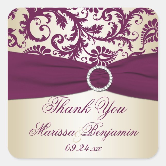 Adesivo Quadrado Plum and Champagne Damask Obrigado Sticker (Frente)