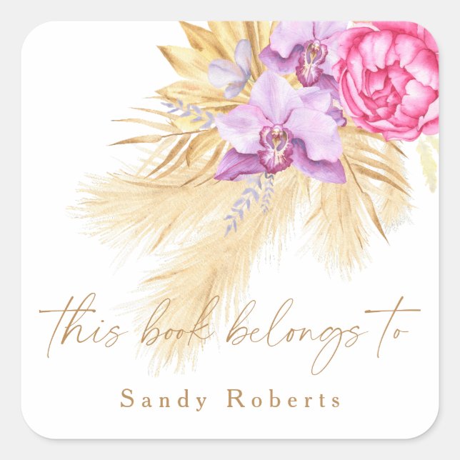 Adesivo Quadrado Poa seca do boho - este livro pertence (Frente)