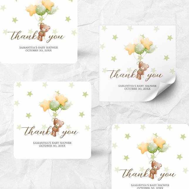 Adesivo Quadrado Podemos Esperar Chá de fraldas De Balões (Bear Balloon Baby Shower Sticker)