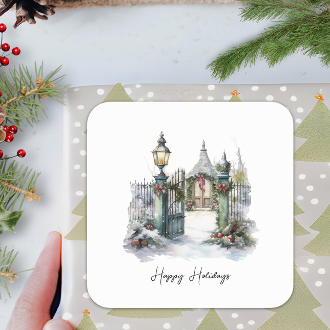 Adesivo Quadrado Poem Green Red Snow Scandi Winter Wreath (Criador carregado)