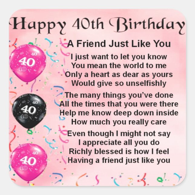 Adesivo Quadrado Poema de Amigo - aniversário de 40 anos (Frente)