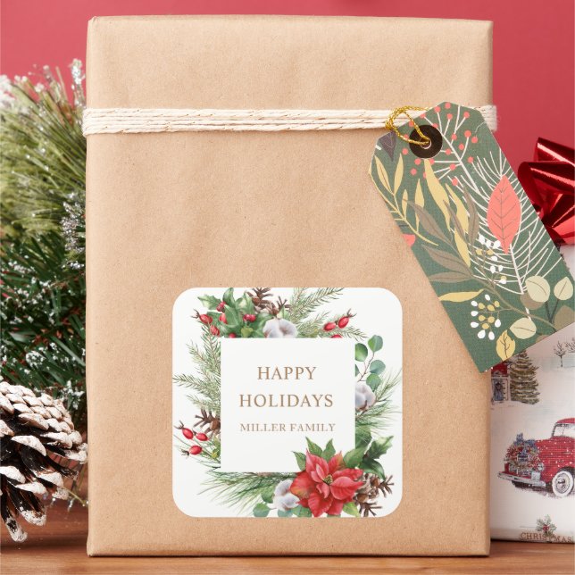 Adesivo Quadrado Poinsettia de Bagas Vermelhas Monograma (Feriado)