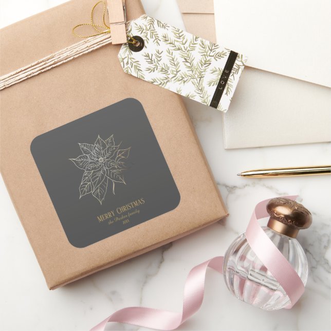 Adesivo Quadrado Poinsettia Dourada Elegante em Fundo Escuro (Presentear)