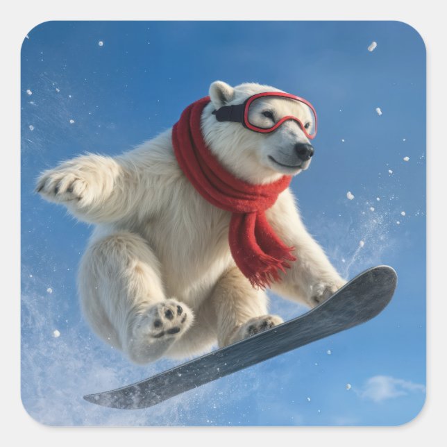 Adesivo Quadrado Polar Bear Mid-air on a Snowboard (Frente)
