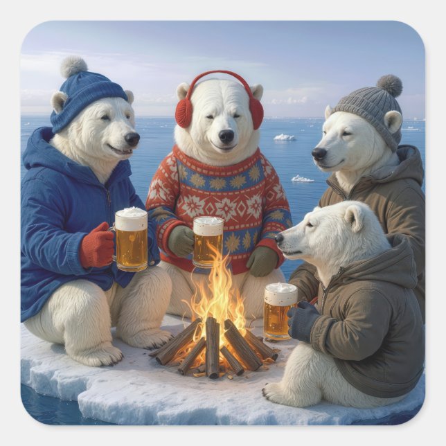 Adesivo Quadrado Polar Bears Drinking Around a Campfire  (Frente)