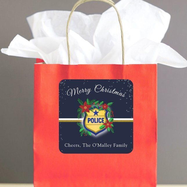Adesivo Quadrado Police Shield With Poinsettias Merry Christmas  (Criador carregado)