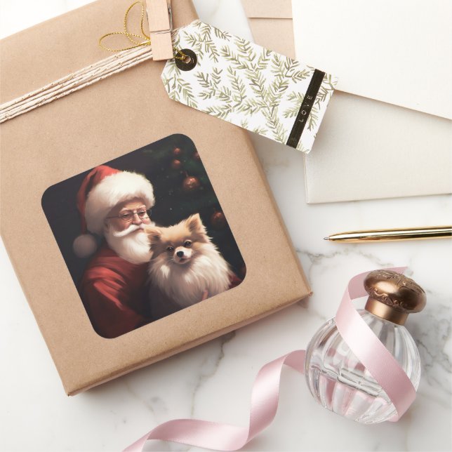 Adesivo Quadrado Pomerânia com Papai Noel Natal Festivo (Presentear)