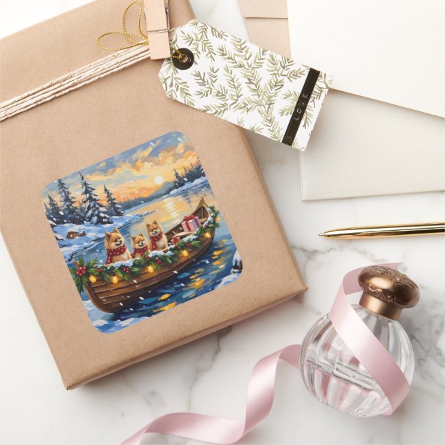 Adesivo Quadrado Pomeranian Christmas Boat Holiday (Presentear)